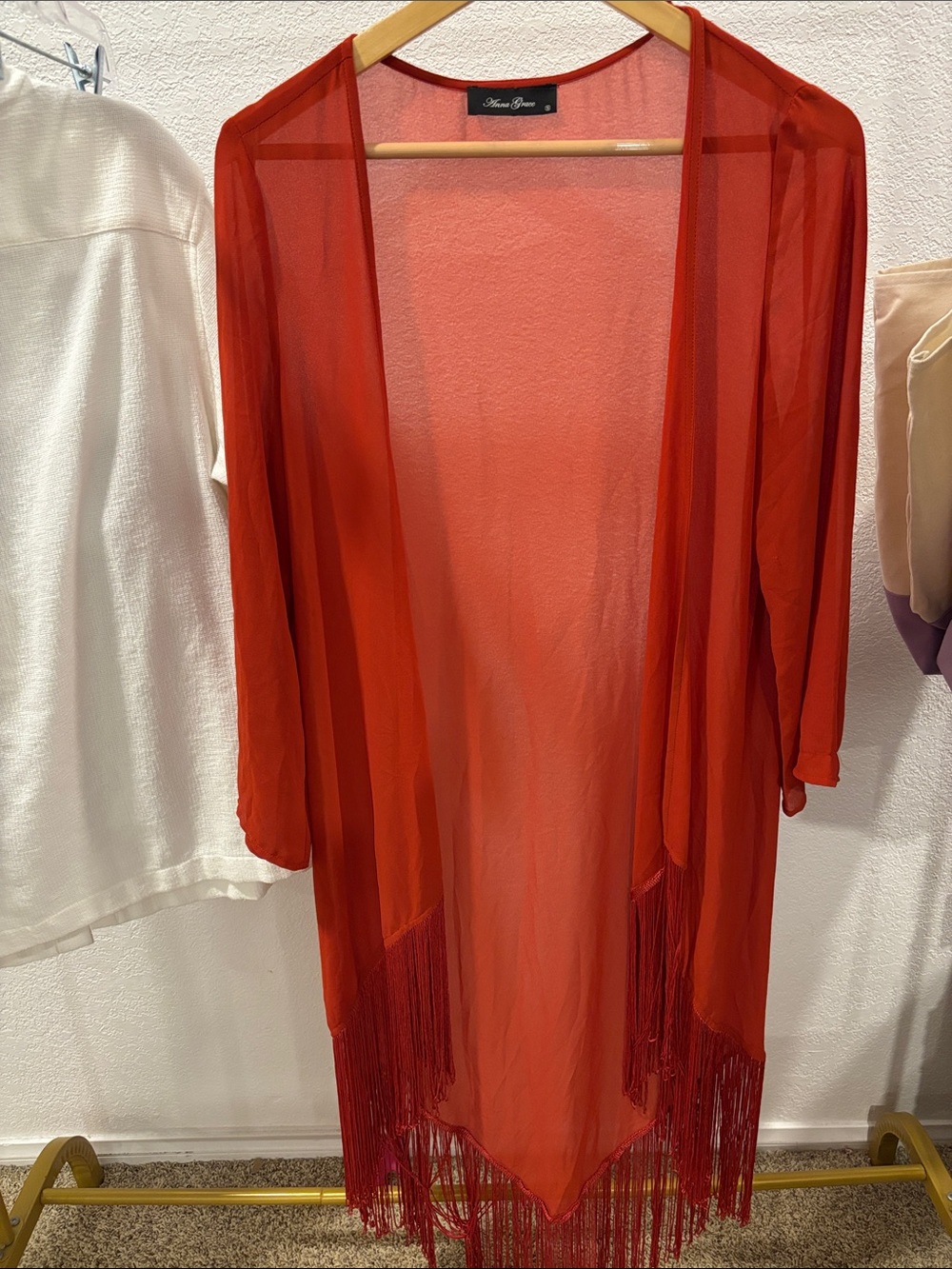 Anna Grace Sheer Red Fringe Beach Kimono